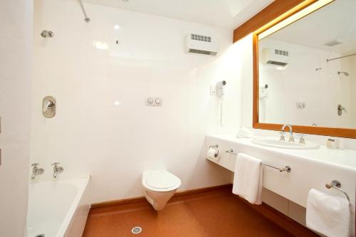 特威泽尔Distinction Mackenzie Country Hotel的一间带水槽、卫生间和镜子的浴室