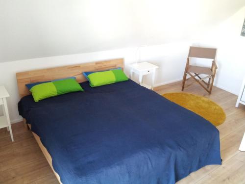 兰肯-格拉尼茨Das Rügenhaus的一间卧室配有蓝色的床、绿色枕头和椅子