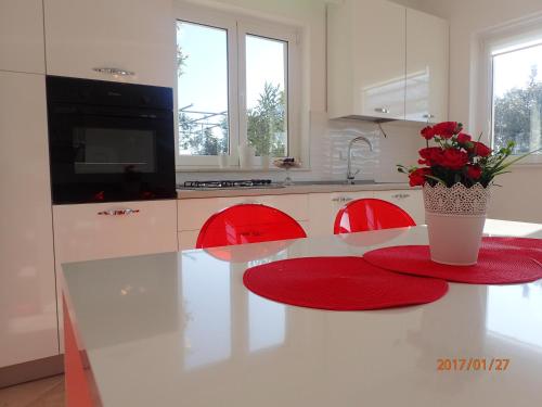 斯拉诺Apartment Villa Bonadea的厨房配有一张桌子,上面放着花瓶
