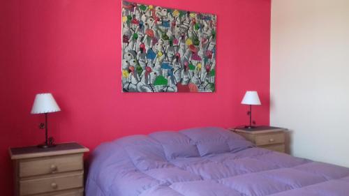 科尔多瓦Departamento Temporario Villa Sol的卧室配有一张床,墙上挂有绘画作品