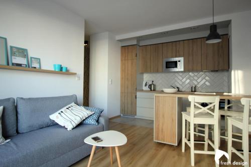 弗罗茨瓦夫Apartament nad Odrą的一间带蓝色沙发的客厅和一间厨房