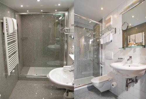 里茨勒恩里兹勒霍夫酒店的带淋浴、盥洗盆和卫生间的浴室