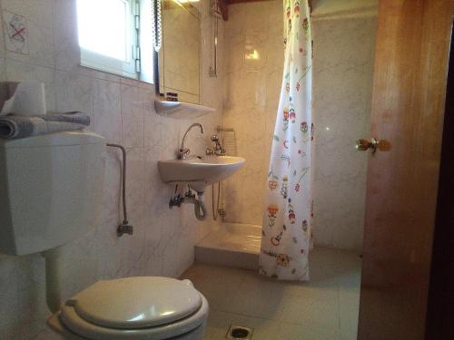 费斯卡尔德宏尼古拉斯客房酒店的浴室设有卫生间、水槽和淋浴帘