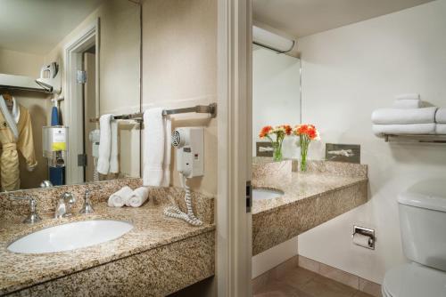 西雅图Staypineapple, University Inn, University District Seattle的一间带两个盥洗盆和卫生间的酒店浴室