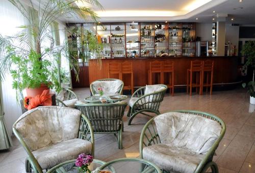 Raben SteinfeldHotel und Restaurant Rabennest am Schweriner See的一间带桌椅的餐厅和一间酒吧