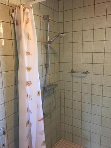 斯特兰普罗伊Vakantiepark Vosseven 77的浴室内配有淋浴帘。