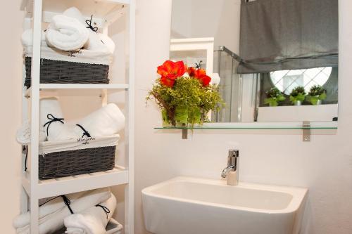 萨莱马拉西诺但丁公寓的浴室配有盥洗盆、镜子和毛巾