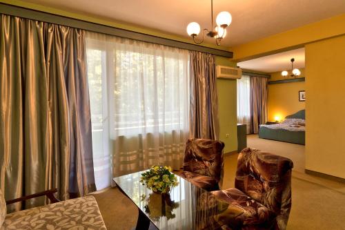 加布罗沃Family Hotel Gabrovo的客厅配有桌椅和窗户。