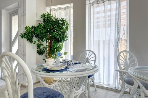亚斯塔尔尼亚Villa Pastelowa的白色的餐桌,配有椅子和盆栽植物