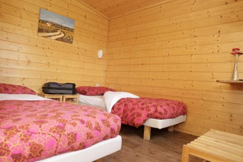 切尔托萨迪帕维亚帕维亚阿格里村庄酒店的木墙客房的两张床