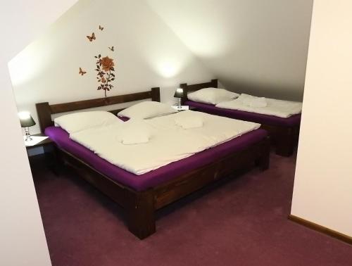 Vysoke Tatry - Tatranske MatliareDovolenkový Dom Tatry的配有紫色和白色床单的客房内的两张床