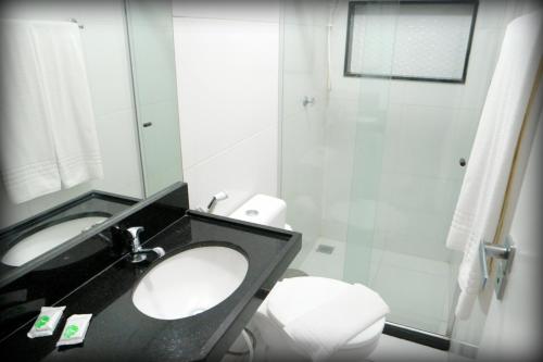 累西腓Suites Residence的一间带水槽、卫生间和淋浴的浴室