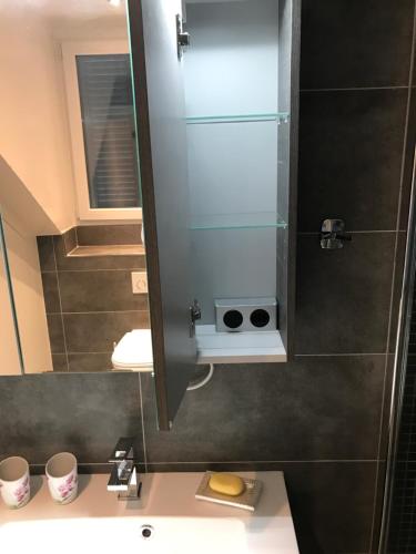 蒙特勒New appartment Design Montreux的一间带水槽和镜子的浴室
