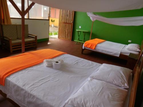 马尔多纳多港坦博帕塔住宿加早餐旅馆的绿墙客房内的两张床