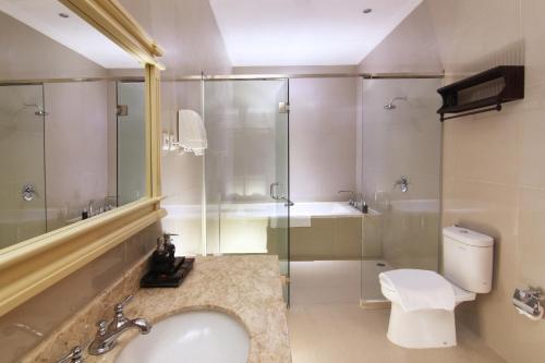 日惹爪哇别墅精品度假酒店的一间带水槽、淋浴和卫生间的浴室