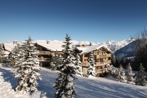 谷雪维尔Hotel Le K2 Altitude的雪地小屋,有雪覆盖的树木