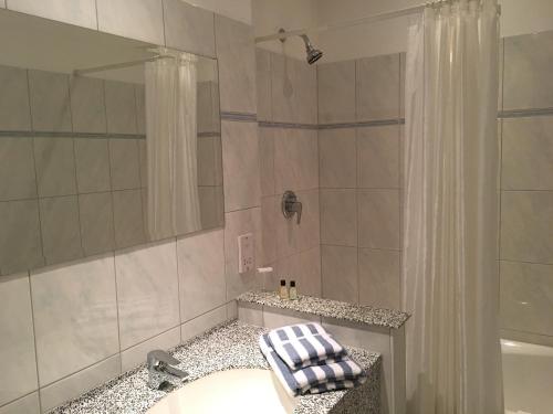 道格拉斯The Penta的浴室配有水槽和带浴帘的淋浴