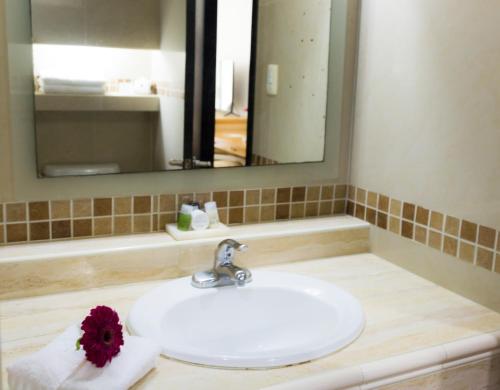 拉萨罗卡德纳斯Hotel de Casa Blanca的浴室水槽上方有红花