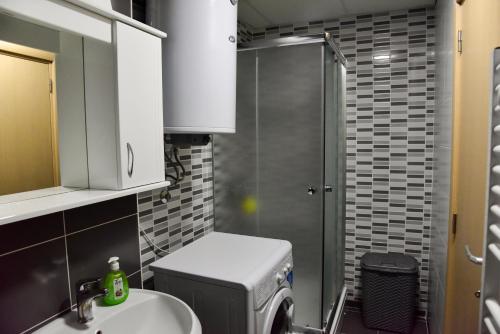 斯科普里大都会斯科普里公寓的浴室配有卫生间、盥洗盆和淋浴。