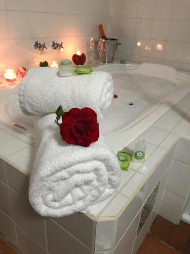贡萨尔维斯Chalés Vila Flor的浴室配有带毛巾和玫瑰的浴缸