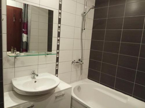 波罗维茨Denitsa Apartment的一间带水槽、浴缸和镜子的浴室