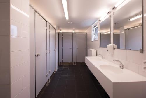 布鲁塞尔三喷泉旅馆的浴室设有2个水槽、镜子和摊位