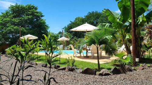 伊瓜苏港Terra Lodge的一个带游泳池、椅子和遮阳伞的度假村