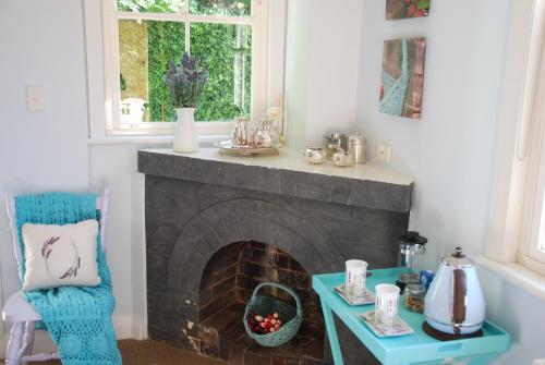 贝里马Hillside Cottage Berrima的客厅设有壁炉和蓝椅