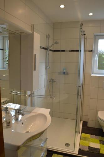 克夫拉赫玛丽亚宾馆的一间带水槽和玻璃淋浴的浴室