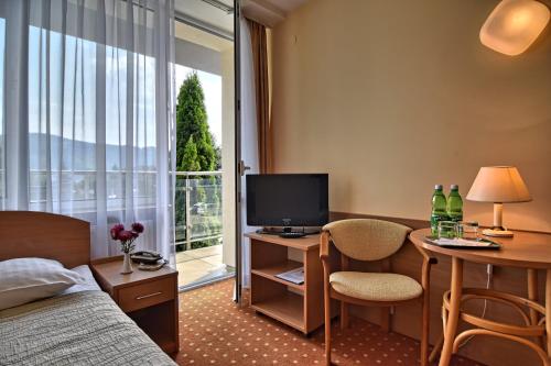 鲁特罗帕拉普鲁迪亚酒店的酒店客房配有一张床和一张书桌及一台电视