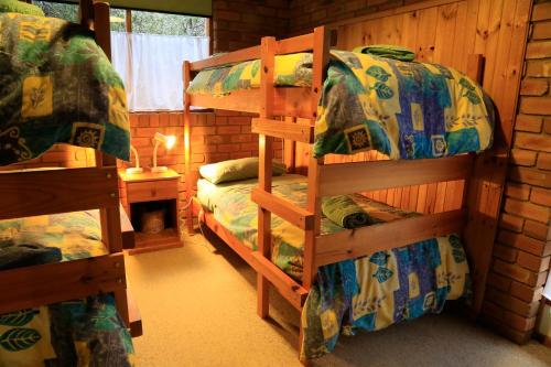 Howqua杰米森山谷山林小屋的一间卧室配有两张双层床和一张书桌