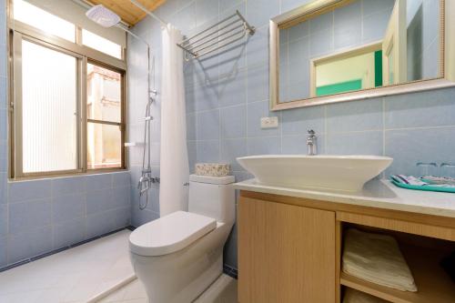 埔里贝拉森林乡村民宿的一间带水槽、卫生间和镜子的浴室