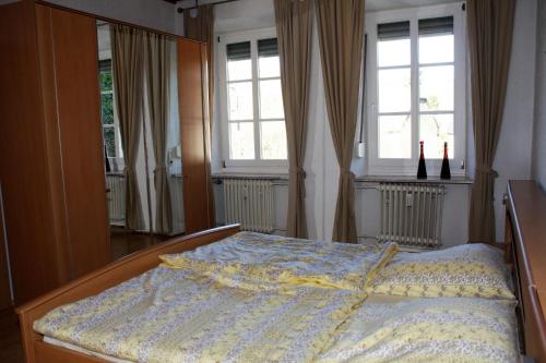 诺伊马根-德赫龙Weingut Koch的卧室内的一张床位,设有两个窗户