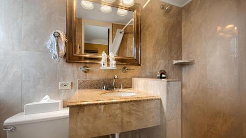 Lindbergh Bay林德伯格湾度假酒店的一间带水槽、镜子和卫生间的浴室