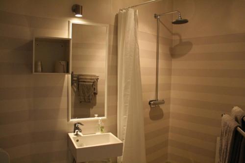 厄勒格伦德Strandhotellet的浴室配有盥洗盆和带镜子的淋浴
