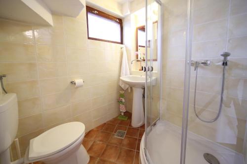 巴拉通雷勒Hotel Melis的浴室配有卫生间、盥洗盆和淋浴。