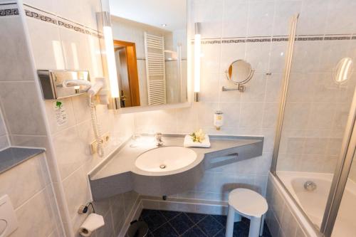 斯图加特火湖酒店的浴室配有盥洗盆、镜子和浴缸