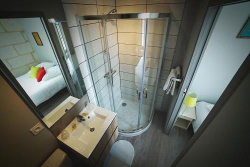 卢瓦尔堡Hotel de la gare的享有带淋浴和盥洗盆的浴室的顶部景致。
