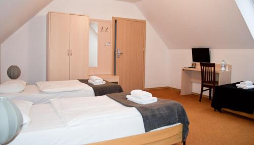 KleosinZdrojówka Noclegi的酒店客房配有两张床和一张书桌