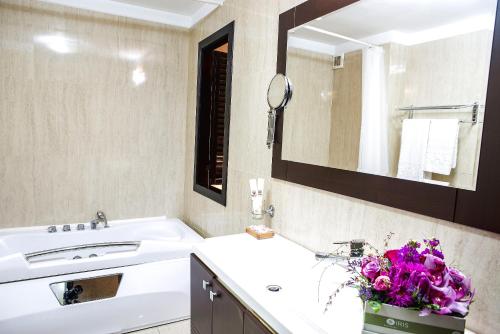 布加勒斯特Phoenicia Suites Baneasa的一间带水槽和镜子的浴室