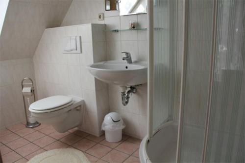 阿尔滕基兴Ferienwohnung Altenkirchen RUeG 18的浴室配有卫生间、盥洗盆和淋浴。