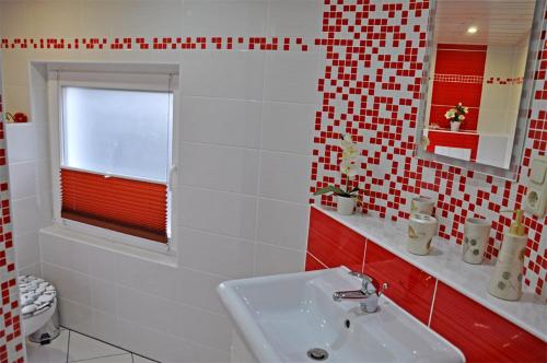 沃尔加斯特Ferienhaus Wolgast USE 2951的浴室设有水槽、窗户和红色瓷砖