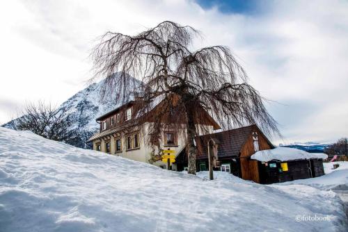 StainachGasthof Dachsteinblick的雪中的房子,背景是山