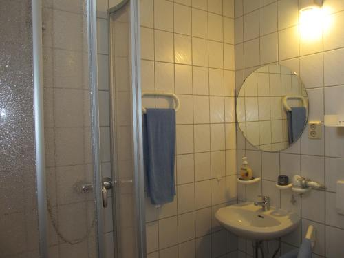 艾森纳赫Pension Mahrets Puppenstube的浴室配有盥洗盆和带镜子的淋浴