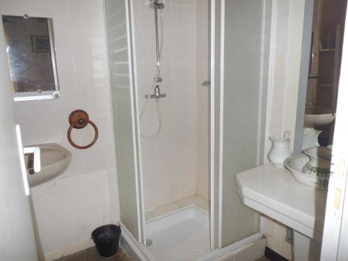 LopérecTyrbourg的带淋浴和盥洗盆的白色浴室