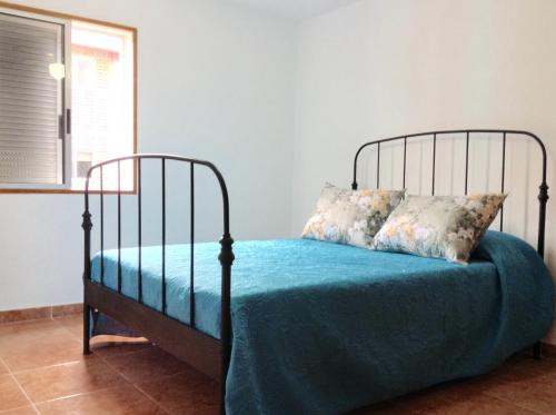 圣克鲁斯-德特内里费Casa Miramar的一间卧室配有一张带蓝色床单的床和一扇窗户。