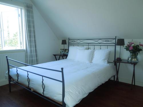 哈莱姆哈莱姆弗兰斯霍尔斯住宿加早餐旅馆的一间卧室配有一张带白色床单的床和一扇窗户。