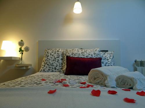 波尔图S. João Porto Apartment的一间卧室,床上铺有红色玫瑰花瓣