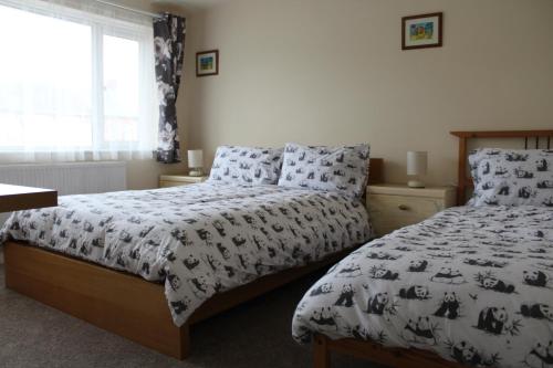 卡菲利Castell Cottages的一间卧室设有两张床和窗户。