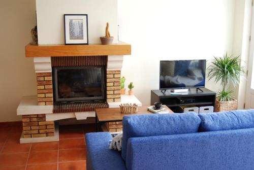 赞布热拉-杜马尔Hakuna Matata Hostel的客厅设有蓝色的沙发和壁炉